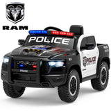 RAM 1500 Ride on Truck Cars, 12V Powered Ride on Toys with Remote Control, 4 Wheel Suspension Electric Cars for 3-5 Yrs Boy Girl W/Key Switch, Safety Belt, Music, Bluetooth, LED, Black Police Truck