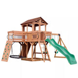 Sterling Point Outdoor Playground Set W/ Elevated Clubhouse, Balcony, Web Swing, Swing Set, and Green Wave Slide