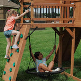 Sterling Point Outdoor Playground Set W/ Elevated Clubhouse, Balcony, Web Swing, Swing Set, and Green Wave Slide