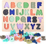 Wooden Puzzles for Toddlers,  Wooden Alphabet Number Shape Puzzle Toddler Education Learning Toys for Kids Ages 3 4 5 Years Old (Set of 3)