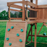 Sterling Point Outdoor Playground Set W/ Elevated Clubhouse, Balcony, Web Swing, Swing Set, and Green Wave Slide