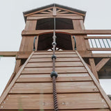Sterling Point Outdoor Playground Set W/ Elevated Clubhouse, Balcony, Web Swing, Swing Set, and Green Wave Slide