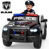 RAM 1500 Ride on Truck Cars, 12V Powered Ride on Toys with Remote Control, 4 Wheel Suspension Electric Cars for 3-5 Yrs Boy Girl W/Key Switch, Safety Belt, Music, Bluetooth, LED, Black Police Truck