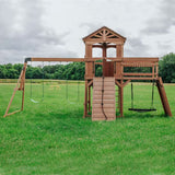 Sterling Point Outdoor Playground Set W/ Elevated Clubhouse, Balcony, Web Swing, Swing Set, and Green Wave Slide