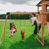 Sterling Point Outdoor Playground Set W/ Elevated Clubhouse, Balcony, Web Swing, Swing Set, and Green Wave Slide